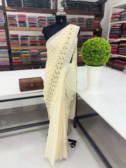 KERALA SAREE STRIPE FLOWERS WITH VINE EMBROIDERY