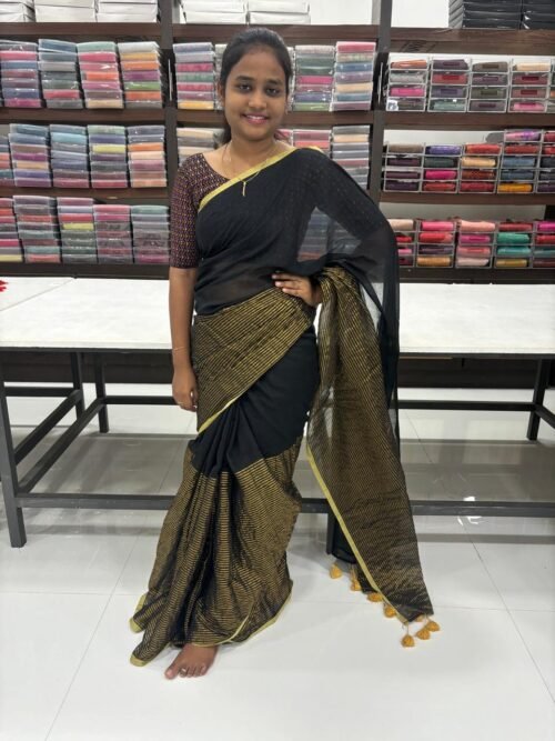 BLACK STRIPED MUL MUL SAREE